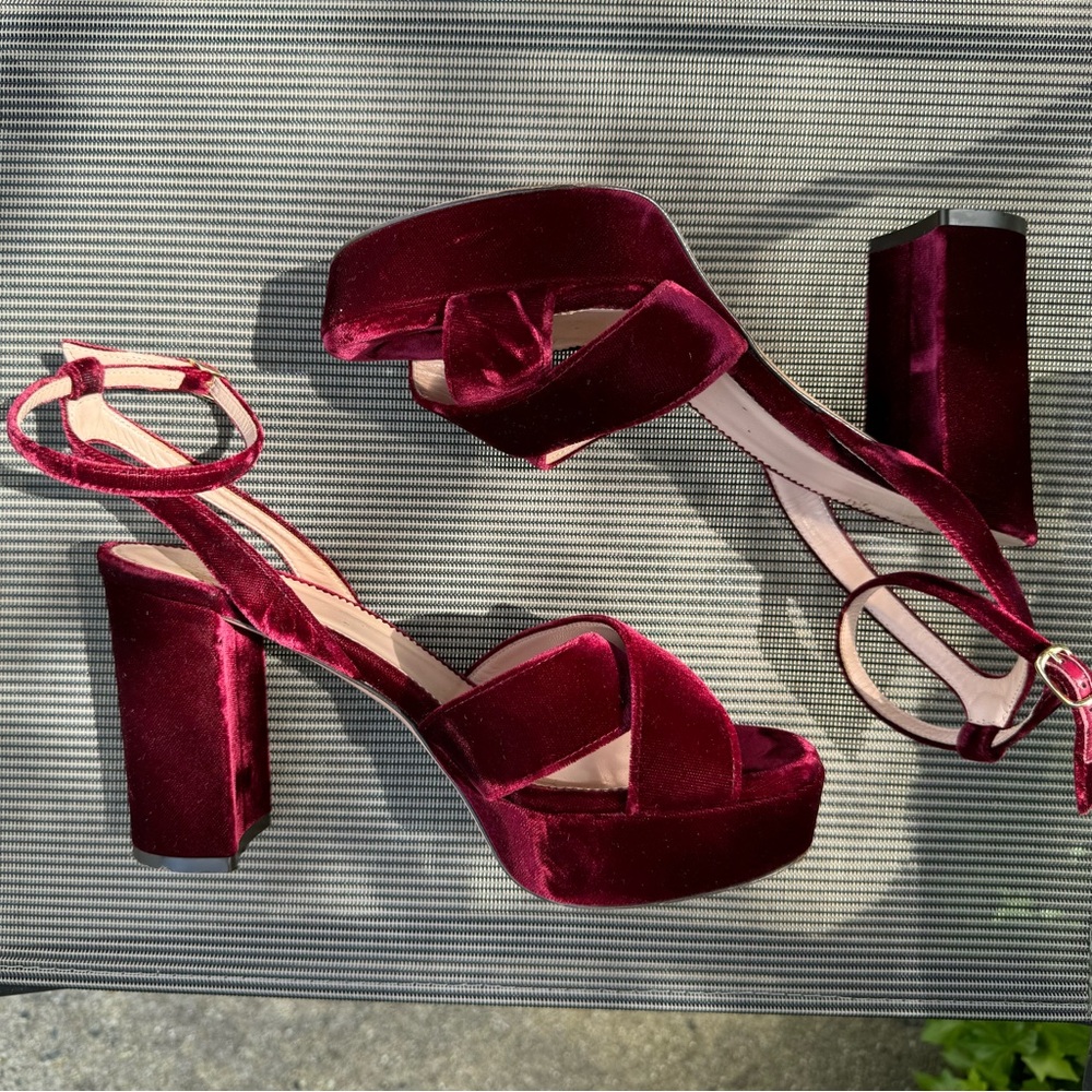 Red Suede J.Crew Chunk Platform Open Toe Heels
